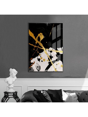 Harikabirev gold-Siyah-Gri Abstract Desenli Model 4 |çerçeveli Temperli Cam Tablo Tekli Dikey