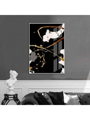 Harikabirev gold-Siyah-Gri Abstract Desenli Model 3 |çerçeveli Temperli Cam Tablo Tekli Dikey