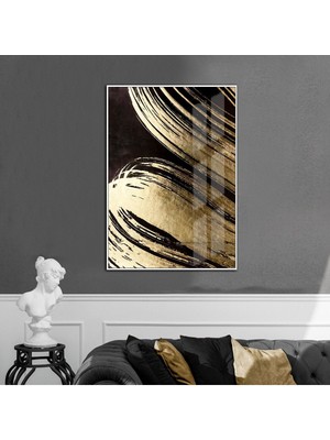 Harikabirev siyah-Gold Soyut Desenli Model 1|çerçeveli Temperli Cam Tablo Tekli Dikey