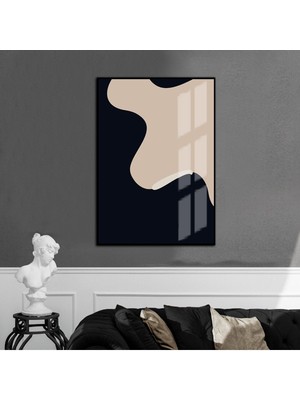 Harikabirev lacivert-Krem-Bej Soyut Modeli 2  |çerçeveli Temperli Cam Tablo Tekli Dikey