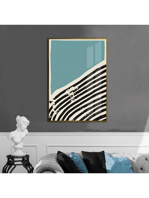 Harikabirev siyah-Mavi-Beyaz Soyut Model 2|çerçeveli Temperli Cam Tablo Tekli Dikey