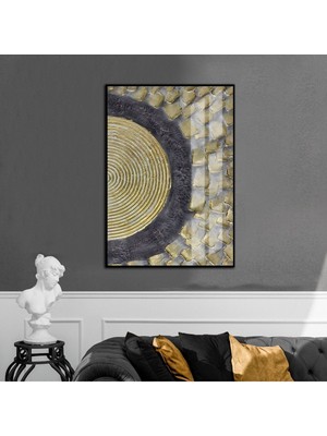 Harikabirev |siyah-Gold-Gri Kabartmasız Etnik Model 1 |çerçeveli Temperli Cam Tablo Tekli Dikey