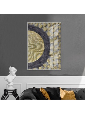 Harikabirev siyah-Gold-Gri Kabartmasız Etnik Model 1 |çerçeveli Temperli Cam Tablo Tekli Dikey