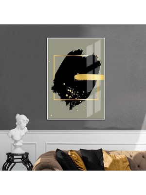 Harikabirev siyah-Gold-Gri Soyut Desenli Model 03 |çerçeveli Temperli Cam Tablo Tekli Dikey