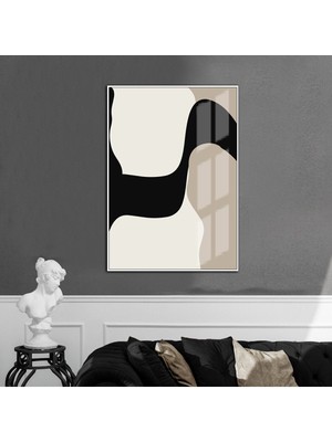 Harikabirev krem-Bej-Siyah Soyut Model 3 |çerçeveli Temperli Cam Tablo Tekli Dikey