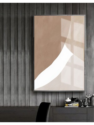 Harikabirev bej-Krem-Gri Soyut Model 2 |çerçeveli Temperli Cam Tablo Tekli Dikey