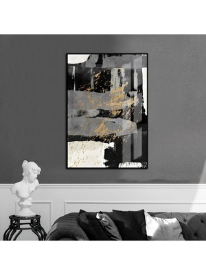 Harikabirev gold-Siyah-Gri Abstract Desenli Model 1|çerçeveli Temperli Cam Tablo Tekli Dikey