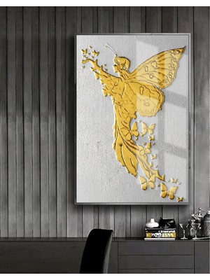 Harikabirev gold-Beyaz-Kabartmasız Melek Model 2 |çerçeveli Temperli Cam Tablo Tekli Dikey