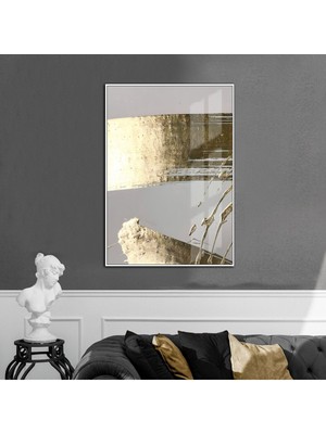 Harikabirev gri-Gold Abstract Desenli Model 2|çerçeveli Temperli Cam Tablo Tekli Dikey