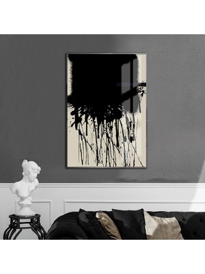 Harikabirev krem-Siyah Abstract Modeli 01 |çerçeveli Temperli Cam Tablo Tekli Dikey