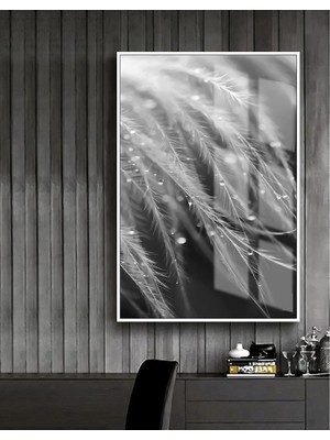 Harikabirev siyah-Beyaz Bitki Yaprağı Modeli |çerçeveli Temperli Cam Tablo Tekli Dikey