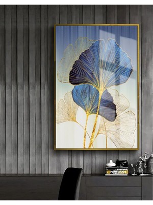 Harikabirev |mavi-Gold-Beyaz Yaprak Modeli 1 |çerçeveli Temperli Cam Tablo Tekli Dikey