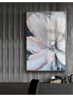 Harikabirev Beyaz Gri Gold Soft Çiçek Model 1 Çerçeveli Temperli Cam Tablo Tekli Dikey