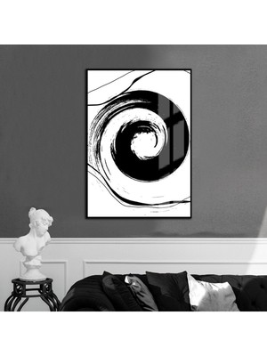 Harikabirev siyah-Beyaz Soyut Sppiral Model 1 |çerçeveli Temperli Cam Tablo Tekli Dikey