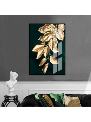 Harikabirev |yeşil-Gold Yaprak Dalı Model |çerçeveli Temperli Cam Tablo Tekli Dikey