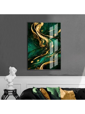 Harikabirev |yeşil-Gold-Beyaz Soyut Desenli Model 3 |çerçeveli Temperli Cam Tablo Tekli Dikey