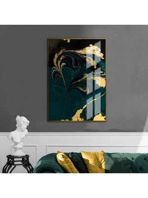 Harikabirev yeşil-Siyah-Gold Abstract Model I 2|çerçeveli Temperli Cam Tablo Tekli Dikey