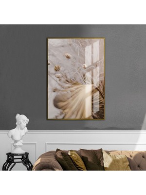 Harikabirev krem-Beyaz Çiçek Model 1 |çerçeveli Temperli Cam Tablo Tekli Dikey