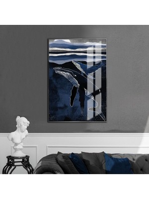 Harikabirev mavi-Gri-Siyah Yunus Detaylı Model 2 |çerçeveli Temperli Cam Tablo Tekli Dikey