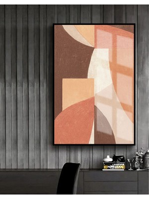 Harikabirev krem-Kahverengi Soyut Model 1 |çerçeveli Temperli Cam Tablo Tekli Dikey
