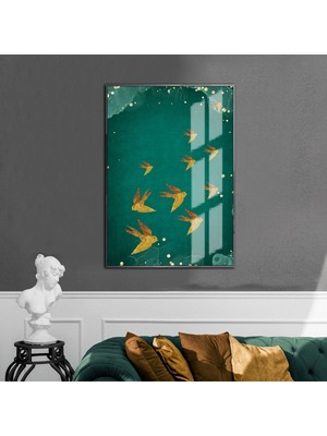Harikabirev yeşil-Gold Abstract Kuş Desenli Model|çerçeveli Temperli Cam Tablo Tekli Dikey