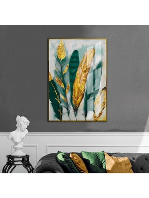 Harikabirev gri-Yeşil-Gold Renkli Tüy Modeli  |çerçeveli Temperli Cam Tablo Tekli Dikey