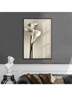 Harikabirev |soft Bej-Beyaz Çiçek  2|çerçeveli Temperli Cam Tablo Tekli Dikey