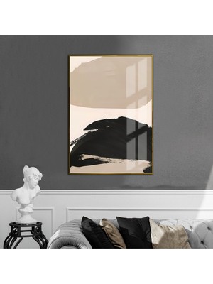 Harikabirev krem-Siyahi-Beyaz Soyut Model 2 |çerçeveli Temperli Cam Tablo Tekli Dikey