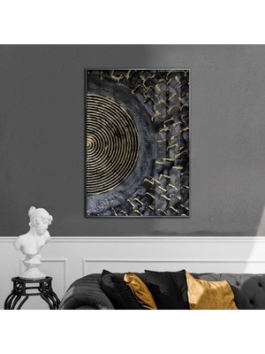 Harikabirev siyah-Gold-Gri Kabartmasız Etnik Model 2 |çerçeveli Temperli Cam Tablo Tekli Dikey