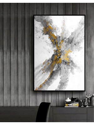 Harikabirev |gri-Gold-Beyaz Soyut Model 2 |çerçeveli Temperli Cam Tablo Tekli Dikey