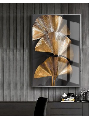 Harikabirev gold-Siyah Yaprak Model 1 |çerçeveli Temperli Cam Tablo Tekli Dikey