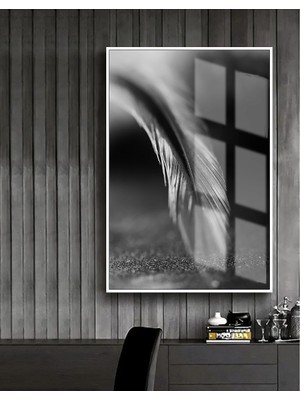 Harikabirev gri-Siyah-Beyaz Kuş Tüyü Modeli 1 |çerçeveli Temperli Cam Tablo Tekli Dikey