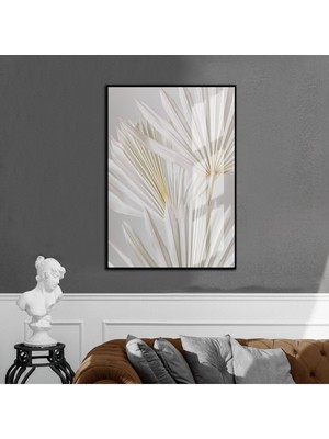 Harikabirev soft Bej Beyaz Püsküllü Yaprak 1|çerçeveli Temperli Cam Tablo Tekli Dikey