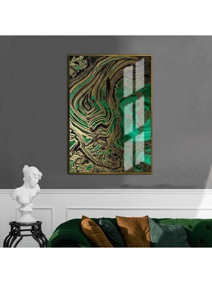 Harikabirev |yeşil-Siyah-Gold Abstract Model I 1|çerçeveli Temperli Cam Tablo Tekli Dikey
