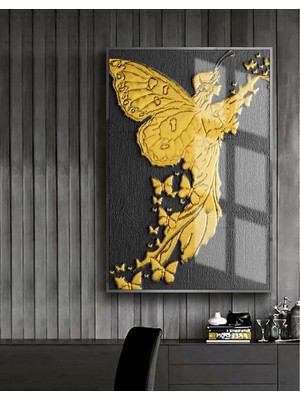 Harikabirev |gold-Siyah-Kabartmasız Melek Model 1 |çerçeveli Temperli Cam Tablo Tekli Dikey