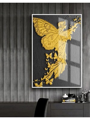 Harikabirev gold-Siyah-Kabartmasız Melek Model 1 |çerçeveli Temperli Cam Tablo Tekli Dikey
