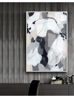 Harikabirev mavi-Beyaz Desenli Soyut Model 1 |çerçeveli Temperli Cam Tablo Tekli Dikey