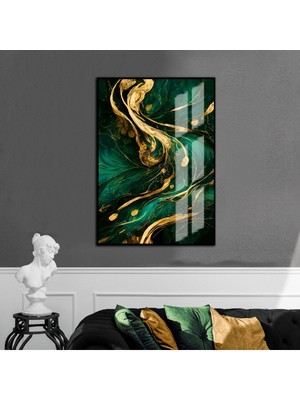 Harikabirev yeşil-Gold-Beyaz Soyut Desenli Model 3 |çerçeveli Temperli Cam Tablo Tekli Dikey