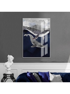 Harikabirev mavi-Gri-Siyah Yunus Detaylı Model 3 |çerçeveli Temperli Cam Tablo Tekli Dikey