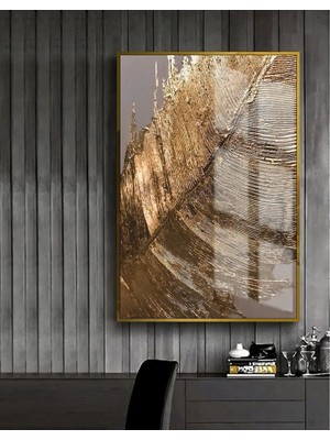 Harikabirev gold-Krem Yaprak Model 2 |çerçeveli Temperli Cam Tablo Tekli Dikey