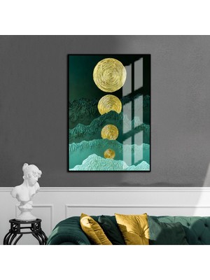 Harikabirev yeşil-Gold-Beyaz Soyut Desenli Model 4 |çerçeveli Temperli Cam Tablo Tekli Dikey