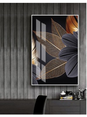 Harikabirev gold-Siyah Sevilen Soyut Çiçek Kombini 3 |çerçeveli Temperli Cam Tablo Tekli Dikey