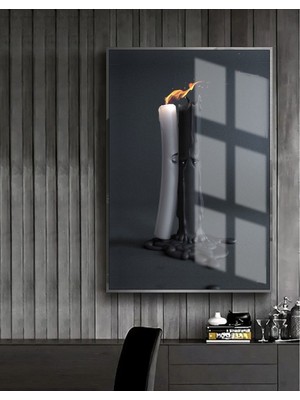 Harikabirev siyah-Beyaz Mum Model 1 |çerçeveli Temperli Cam Tablo Tekli Dikey