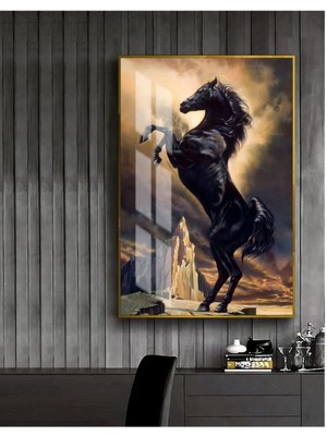 Harikabirev siyah-Gold Sevilen Şahlanan At Tablosu 1 |çerçeveli Temperli Cam Tablo Tekli Dikey