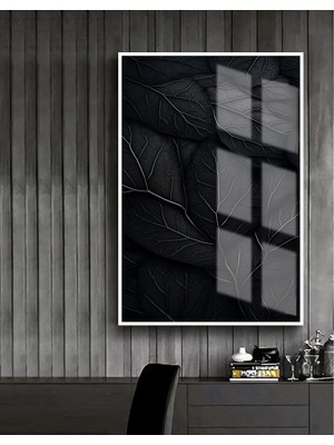 Harikabirev |siyah Renk Yaprak Tablosu Detaylı |çerçeveli Temperli Cam Tablo Tekli Dikey