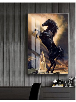 Harikabirev siyah-Gold Sevilen Şahlanan At Tablosu 1 |çerçeveli Temperli Cam Tablo Tekli Dikey