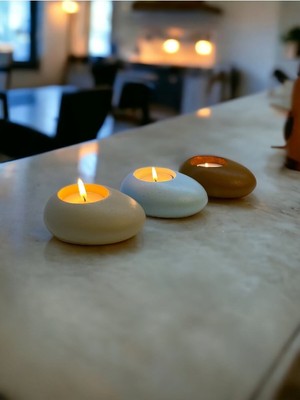 Ogish Concept Three Drops Dekoratif Beton Tealight Mumluk 3'lü Set | Alaçatı-Baby Blue-Karamel |