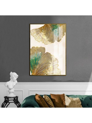 Harikabirev yeşil-Krem-Gold Yaprak Modeli 2 |çerçeveli Temperli Cam Tablo Tekli Dikey