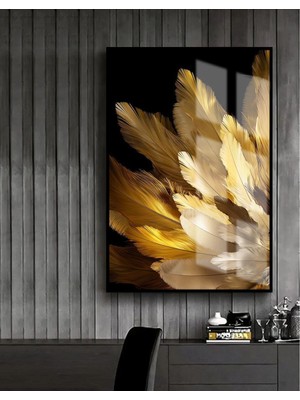 Harikabirev siyah-Gold Abstract Tüy Tablosu 2 |çerçeveli Temperli Cam Tablo Tekli Dikey