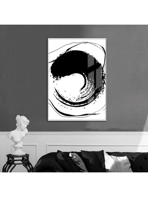 Harikabirev |siyah-Beyaz Soyut Sppiral Model 2 |çerçeveli Temperli Cam Tablo Tekli Dikey